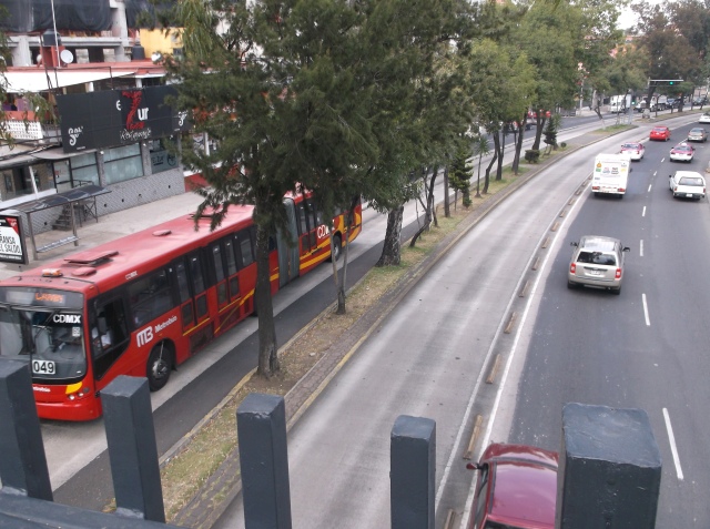 A Metrobus with its dedicated lanes on Insurgentes Sur.